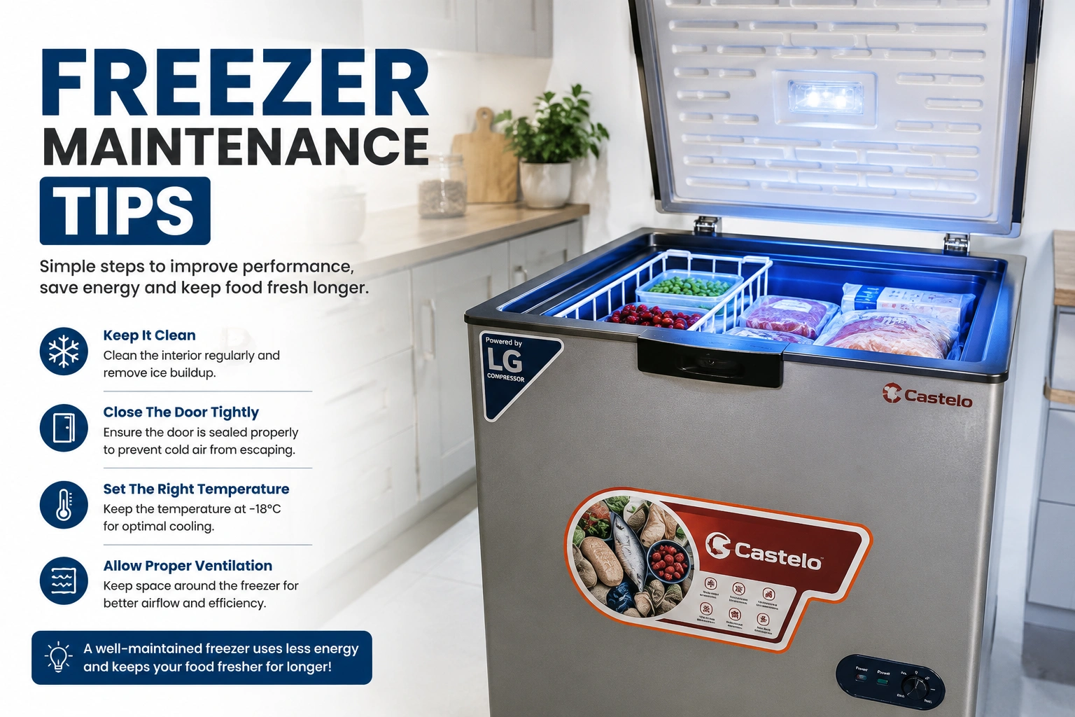 Open chest freezer in a modern kitchen showing freezer maintenance tips for better cooling efficiency and food preservation
