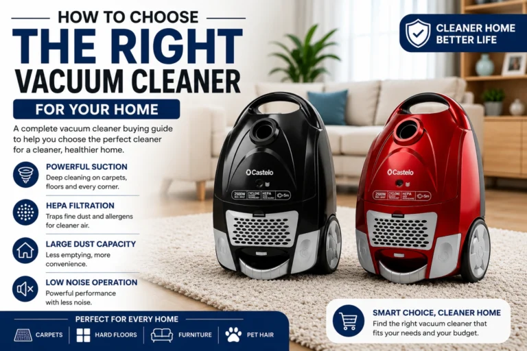 Modern Castelo vacuum cleaners in a living room showing a vacuum cleaner buying guide for choosing the right home cleaning appliance