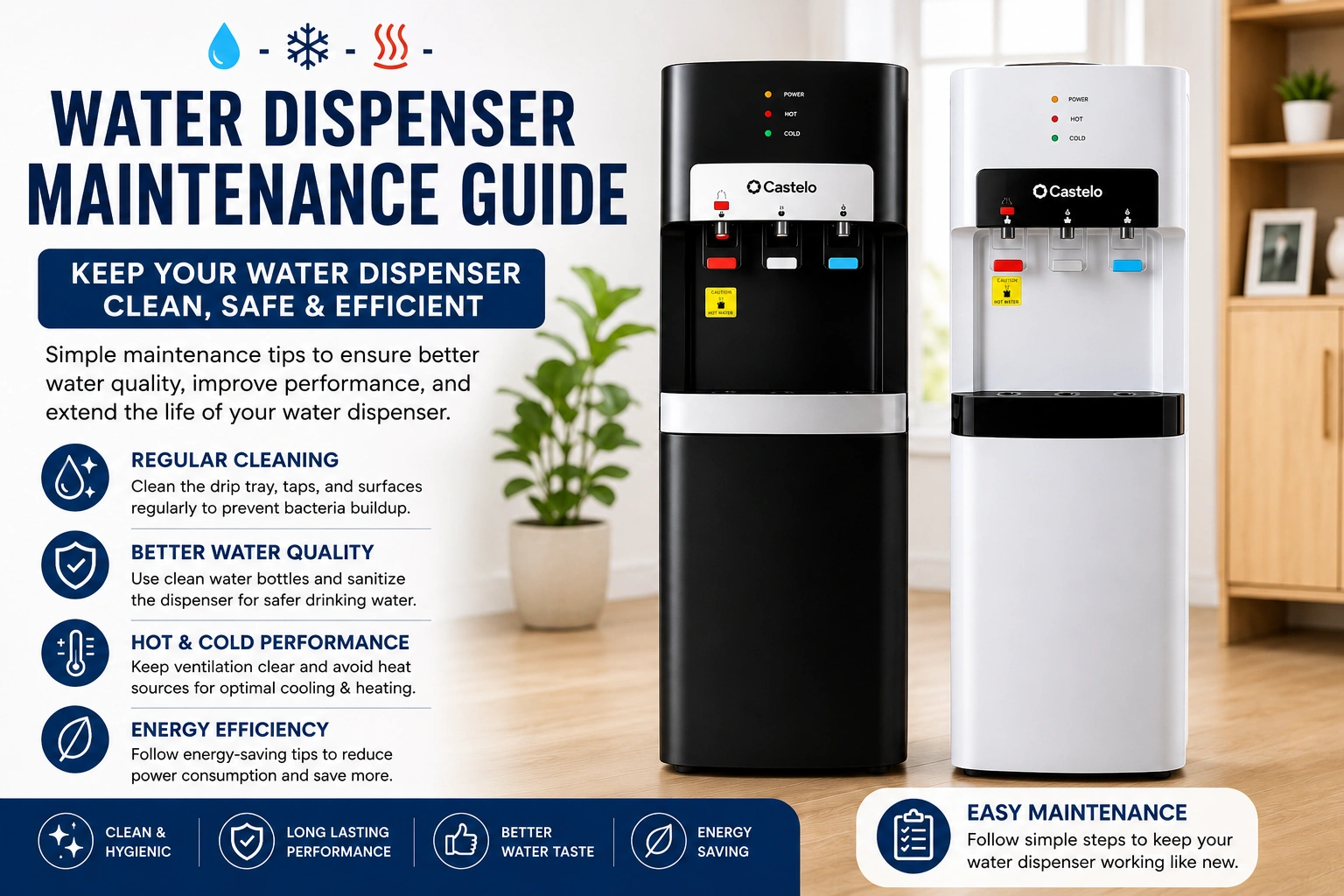 Modern Castelo water dispensers showing a water dispenser maintenance guide for clean and efficient drinking water solutions